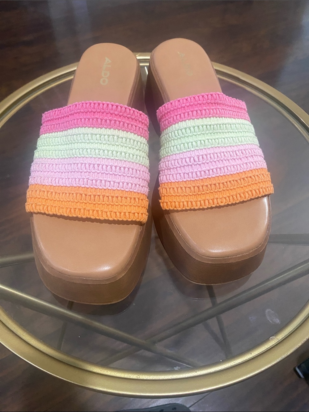 ALDO Pink, Green, Light Pink & Orange Crochet Strap Platform Slides